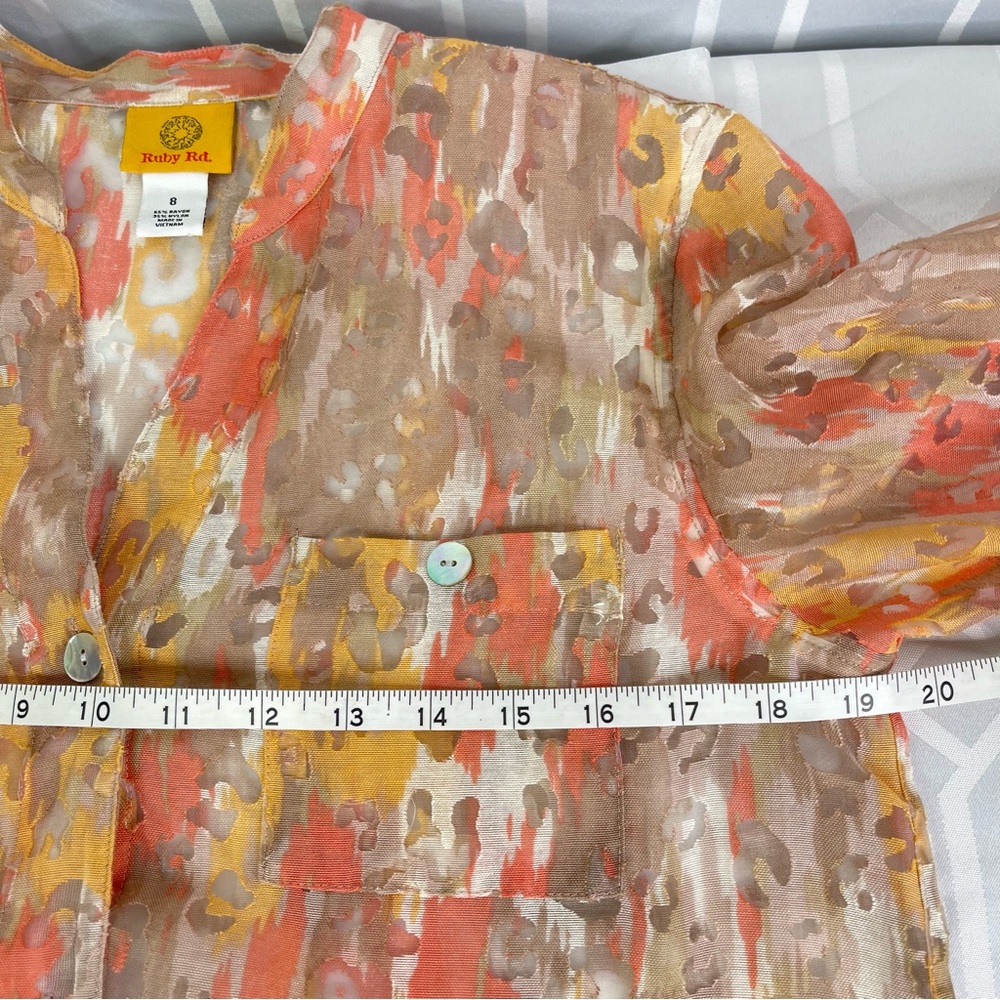 Ruby Rd. Abstract Earthy Watercolor Sheer Button Up Blouse Size 8 - Picture 14 of 14